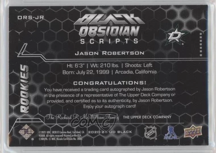 2021-22 SPx 2020-21 Update UD Black Obsidian Rookie Script Jason Robertson Auto - Image 2 of 2