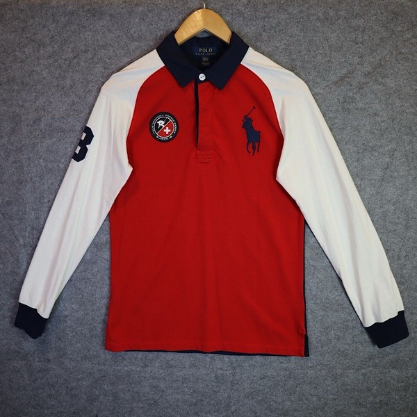 Polo Ralph Lauren Youth L 14-16 Red Navy White Rugby Shirt Long Sleeve Cotton