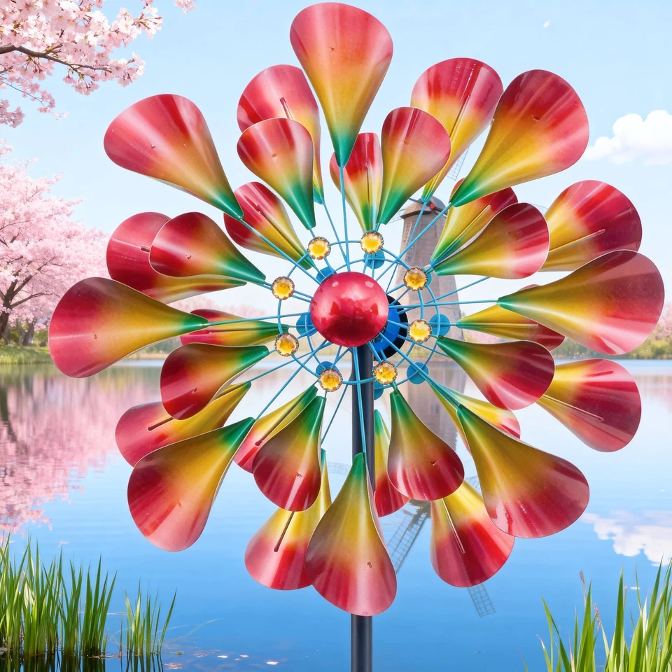 Hilanderos de viento de jardín de patio con luces solares, grandes hilanderos de viento de metal para exteriores Foto 2 de 4