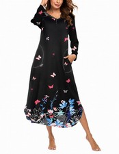 Ekouaer Womens V-Neck Long Sleeve Nightgown Sleepwear Black XX-Large