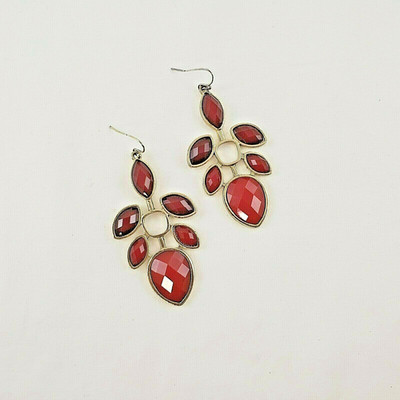 Earrings Dangle Drop French Hooks Red Faux Stones Clear Gold Tone Faceted Long