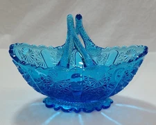 Vintage Fenton GLASS Basket Dish   Blue Daisy & Button Split Twig Handle 1960's