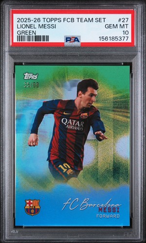 2025 TOPPS FC BARCELONA TEAM SET #27 LIONEL MESSI GREEN /99 PSA 10