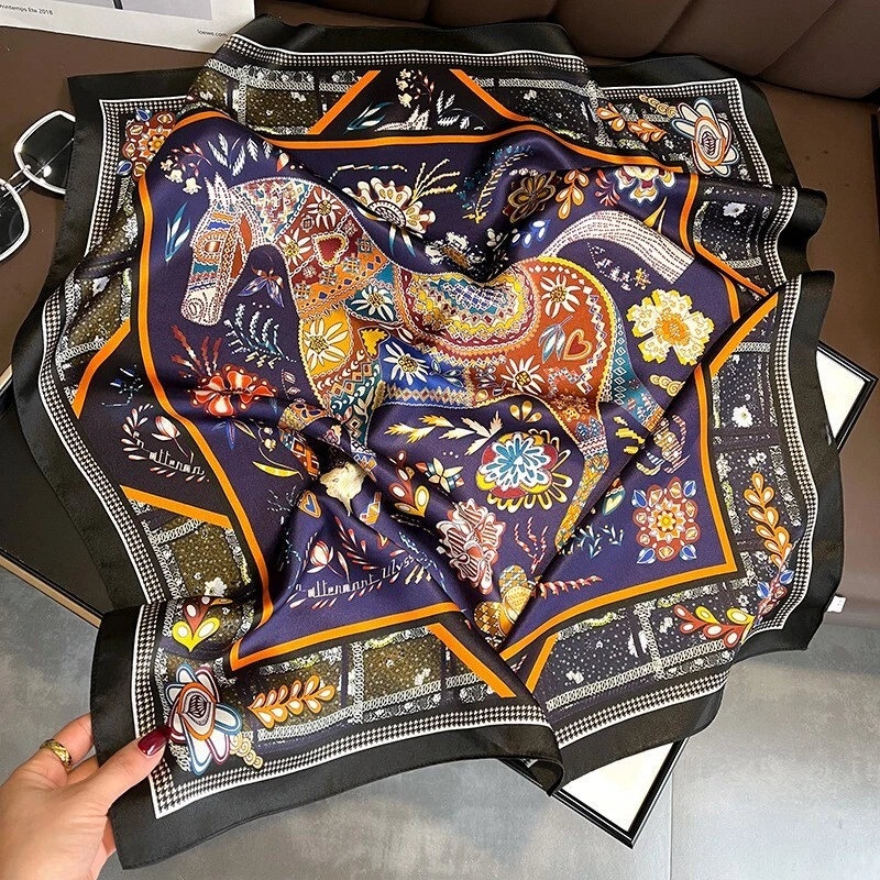 Bufanda 100 % seda mujer púrpura floral caballo pañuelo cuadrado pañuelo envolvente 68*68 cm Foto 4 de 4