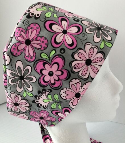 Pink Floral on Gray Lined Medical Scrub Cap Surgery Hat Chef Dental Veterinarian - Picture 2 of 4