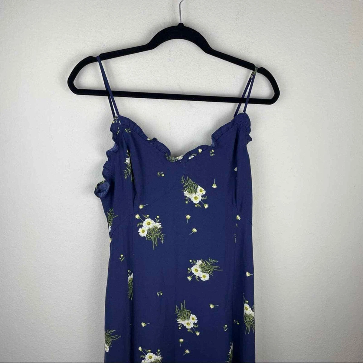 Nordstrom BP Floral Spaghetti Strap Ruffle Navy Blue Midi Dress