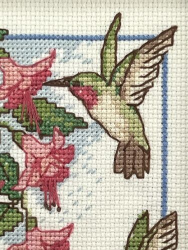 Hummingbirds Pink Flowers Floral Scene Cross Stitch Needlepoint Framed Wall Art - Picture 3 of 13