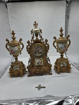 Antique Clock And Garnisher Set