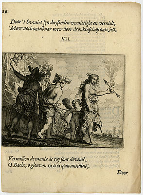 Antiker Druck-BACCHUS-TRUNKENHEIT-EMBLEM-MARS-MERKUR-7-Savery-Veen-1642