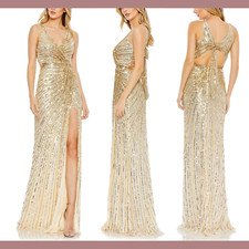 NWT $498 Mac Duggal [ 2 ] Bow Back Sequined Faux Wrap Sleeveless Gown Gold G1999