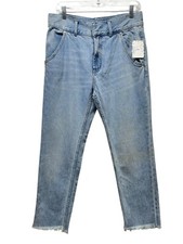We The Free People Jeans Sz 28 Blue Straight Leg High Rise Raw Hem Boho Festival