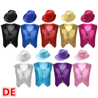 DE Kinder Weste Pailletten Weste Party Hip-Hop Outfit Performance Set Dancewear