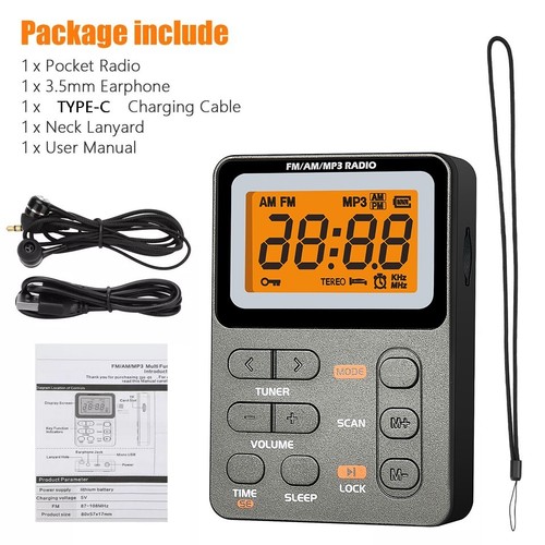 Portable Pocket Digital LCD AM FM Radio Stereo MP3 USB Rechargeable w/Earphones - Afbeelding 8 van 8
