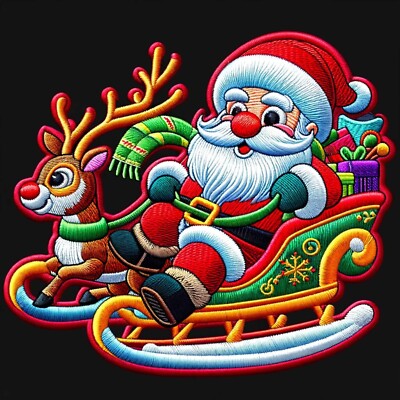 Christmas Santa Sled Patch Iron-on Applique Clothing Decor Bag of Presents Elves