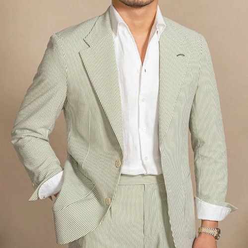 Men's Summer Seersucker Suits Regular Fit Notch Lapel Groom Formal Jacket Pant - Picture 17 of 17