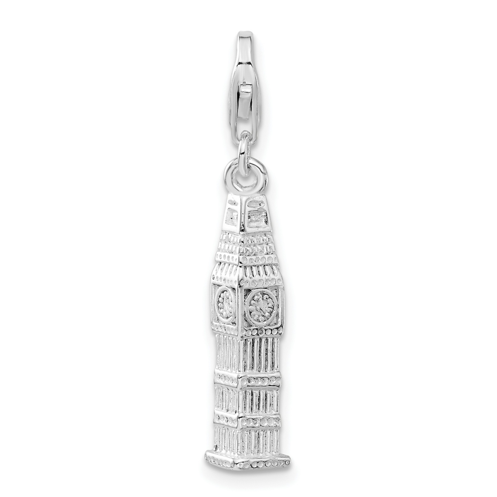 Sterling Silver Polished Clock Tower Fancy Lobster Clasp Charm