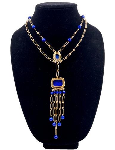 NEIGER BROS ANTIQUE CZECH LAPIS LAZULI BLU GLASS NECKLACE PENDANT CHAIN FESTOON - Picture 8 of 10