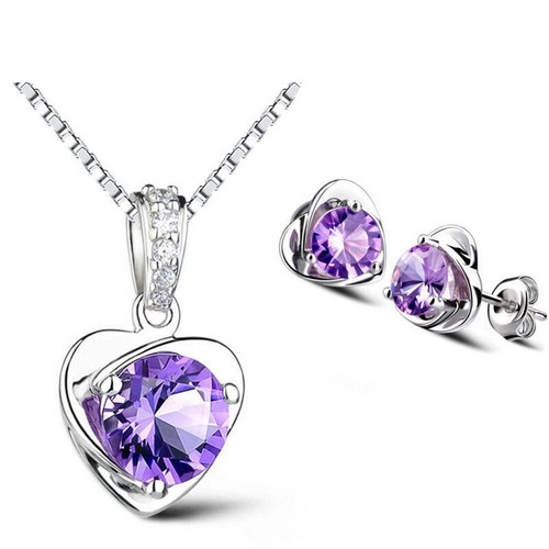 Set De Bijoux (Collier + Boucles D'Oreilles) - Pendentif Cœur Cristal Coloré - Doré - Neuf Avec Étiquettes