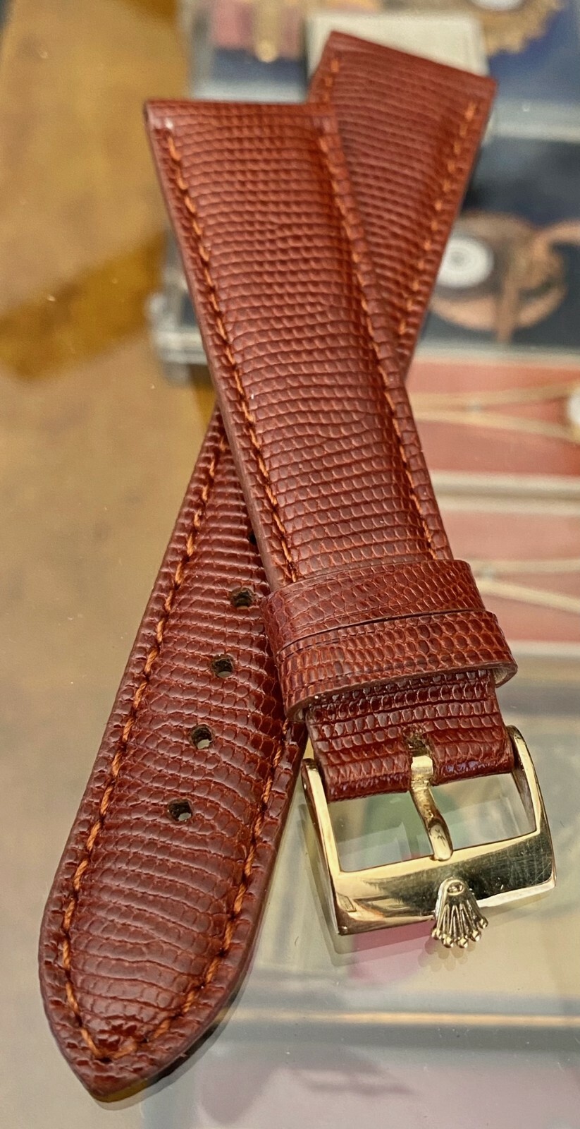 ROLEX Cinturino Orologio In LIZARD Vera Pelle Cognac Con Fibbia Oro 16mm 19mm foto 2