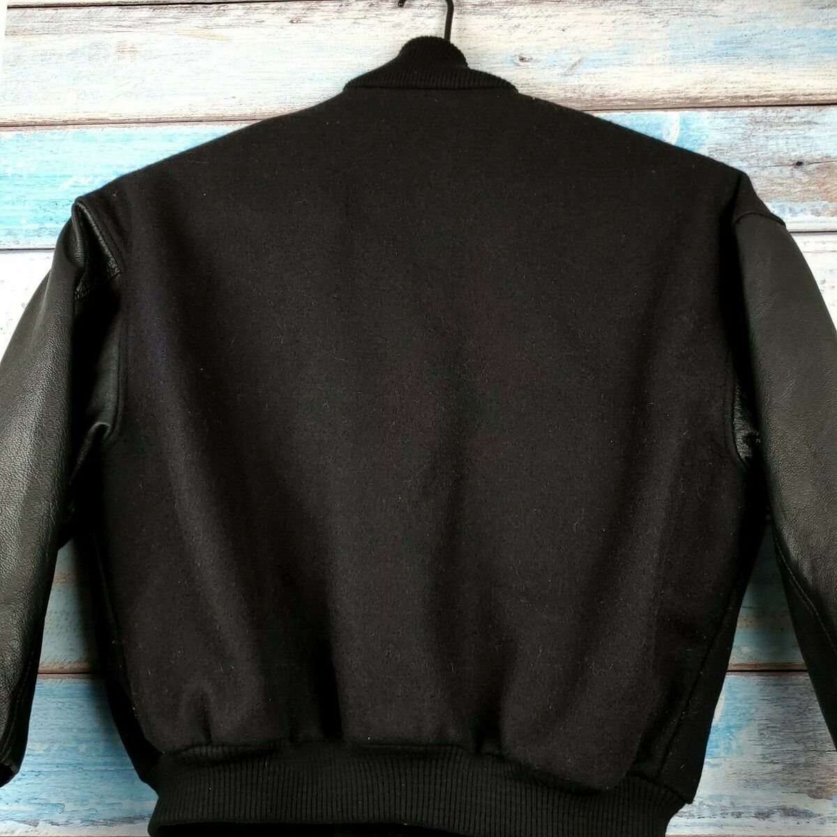 Luna Pier Black Large Leather Jacket Men Wool Sleeves Button Luna Pier Black Large Leather Jacket Men Wool Sleeves Button