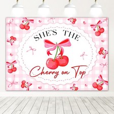 She's The Cherry on Top Backdrop Coquette Bow Baby Shower Background Cherry o...