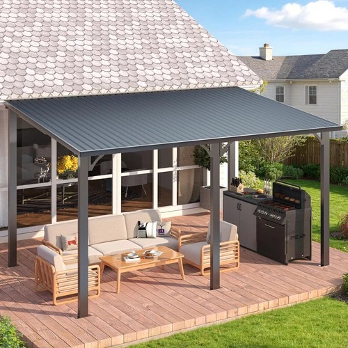 Galvanized Steel Hardtop Lean to Gazebo Wall Mounted Patio Pergola Awning