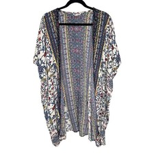 Gypsy Love Kimono S Cream Floral Cardigan Blue Yellow Purple Raw Fringe Duster