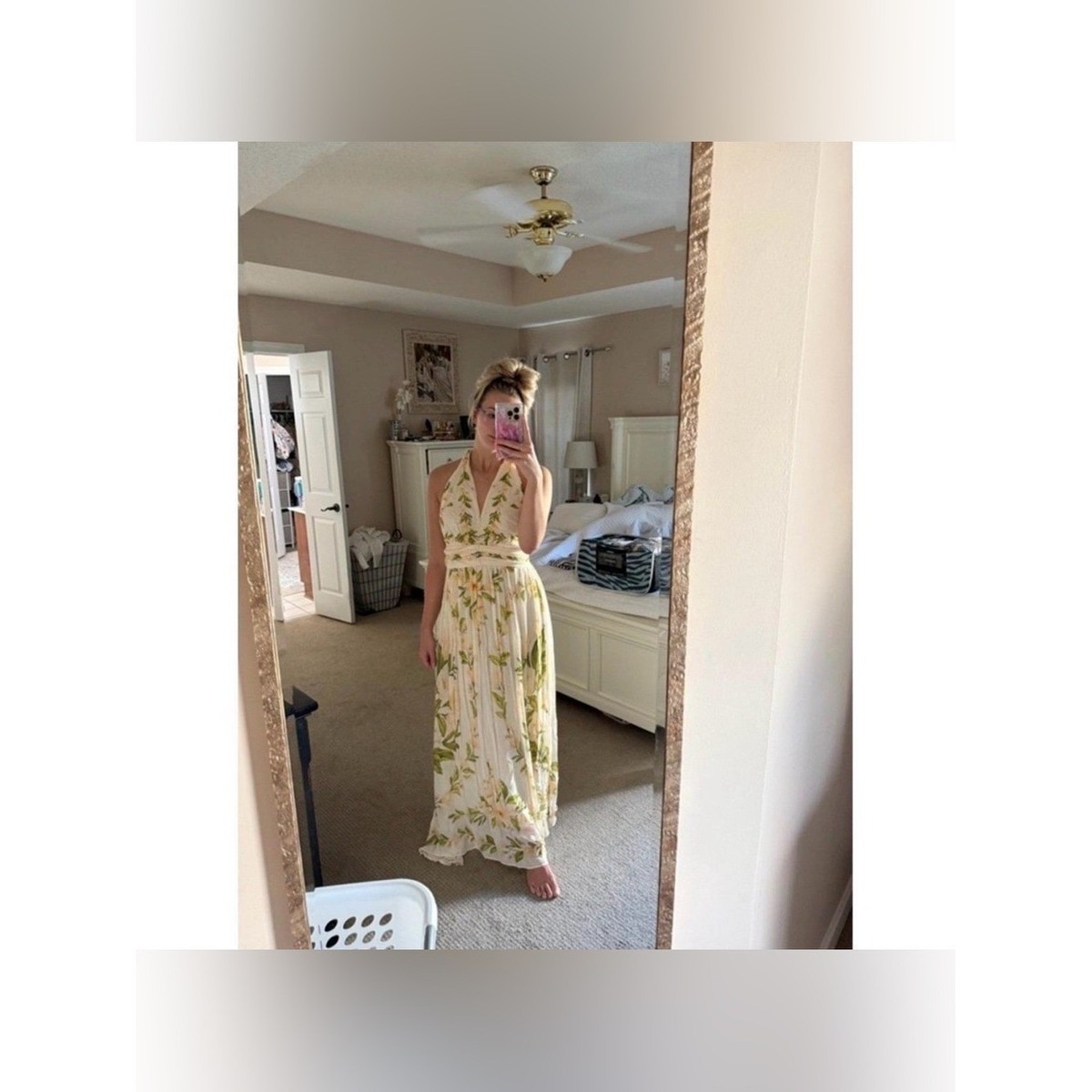 farm rio floral halter dress V Neck Chiffon Maxi Tropical Small Vacation metallics