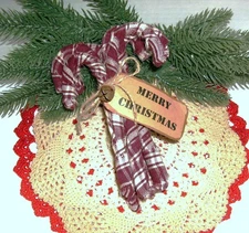 Primitive Christmas candy cane bowl fillers ornies #A--set of 6--burgundy/white