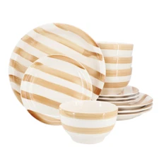 Gibson Home Kenwood Shores 12 Piece Stoneware Dinnerware Set In Sand Stripe