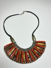 Vintage Hand Made Safety Pin Glass Bead Necklace Leather Crab Claw Closure