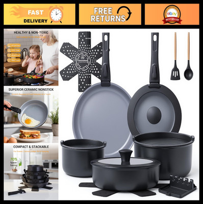 18 Pcs Non-Stick Ceramic Cookware Set with Detachable Handle - RV, Camping, Dish