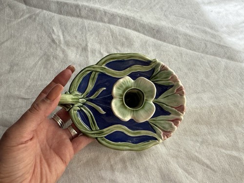 Majolica Art Nouveau Chamber Candle Holder Blue & Pink Flower Shaped Antique VTG - Picture 9 of 16