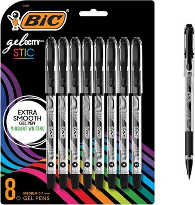 BIC Gelocity Stic Extra Smooth Black Gel Pens, Medium Point (0.7mm), 8-Count/PK