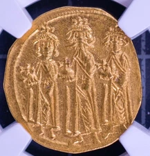 Byzantine Heraclius Gold Solidus NGC Ch AU 5/5 Strike | Three Emperors 610-641 A