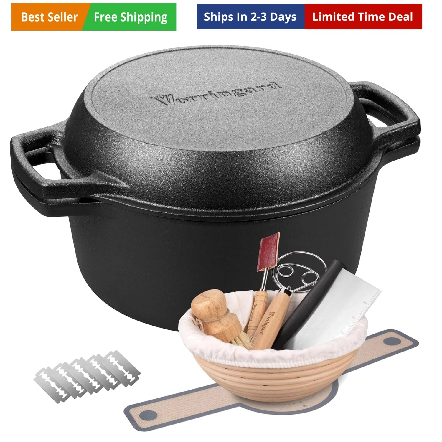 Pre-seasoned Cast Iron Double Dutch Oven Pot with Skillet Lid, Dual-handle, f...
