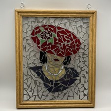 Stunning Handmade Stained Art Glass Mosaic Portrait Of Lady In Red Hat