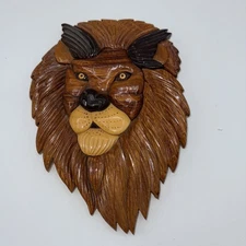 Intarsia Wood Handcrafted 3D Lion Wall Art Hanging Plaque King Of The Jungle 9”