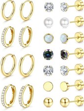 11-Pair Gold Hypoallergenic Flat Back Stud  Huggie Hoop Earrings Set for Women