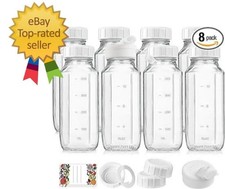 8 Pack 16 Oz Reusable Glass Milk Bottles w 100 Airtight Heavy Duty Clear