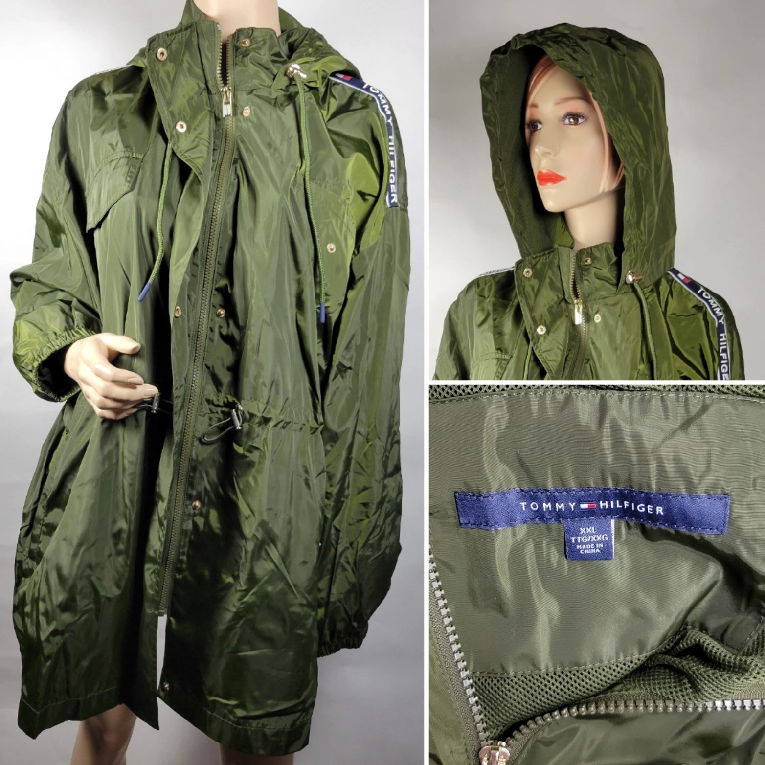 NEW HTF Tommy Hilfiger Army Green Windbreaker Adjustable Jacket NWOT 2XL