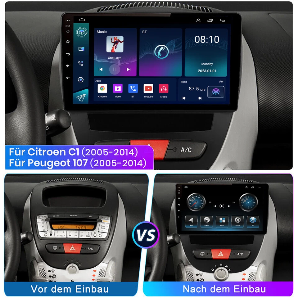 32G Android 13 Carplay Autoradio GPS Navi WIFI BT RDS Für Peugeot 107 Citroen C1 - Bild 4 von 4