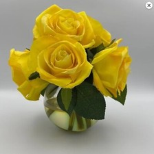 6 ARTIFICIAL YELLOW ROSE FLOWERS GLASS VASE