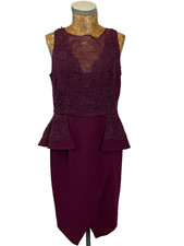 COAST DRESS 14 PURPLE Lace Peplum Pencil Dip Hem Knee Length Party NEW RRP £160