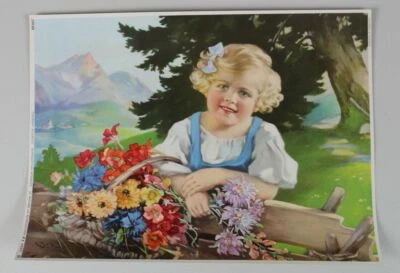 Kinderbild - kitschiger Farbdruck - Mädchen mit Blumenkorb und Alpenpanorama /89 - Bild 1 von 4