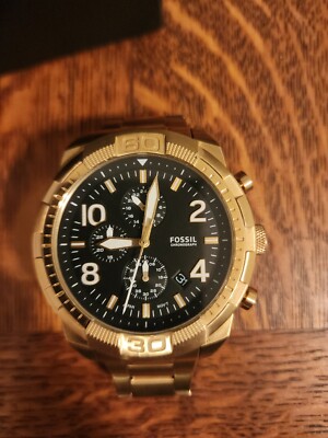 Fossil Bronson 44mm Stainless Steel Case Gold Band Green Dial Men's Watch 