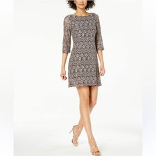 Jessica Howard Women  s Lace Embellished Jewel Shiny Shift Dress Taupe - Size 12