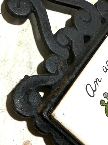 Tile And Cast Iron Trivet Cathay An Apple A Day Keeps Doctor Away Worm image 3