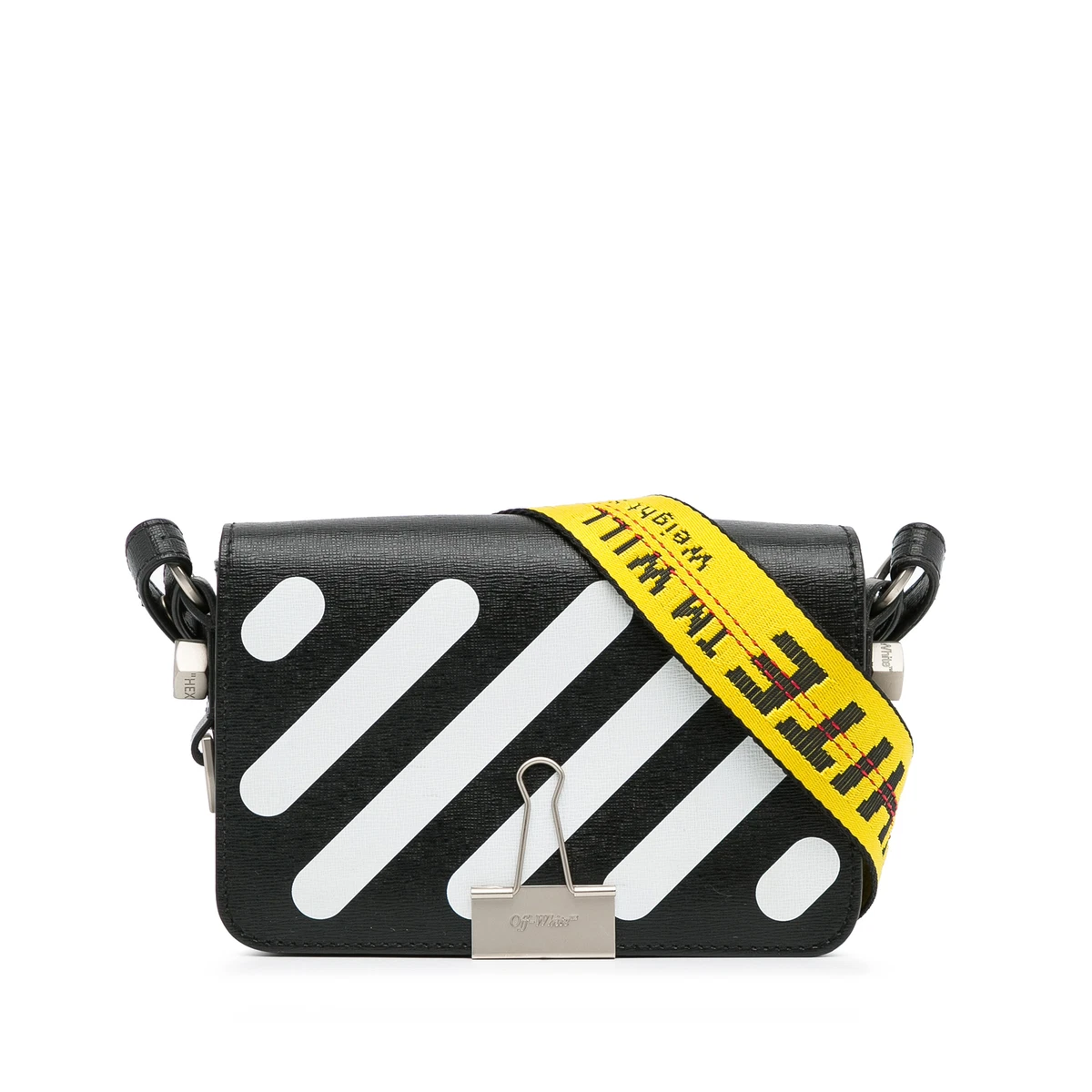 Authenticated Off White Binder Clip Crossbody Black Calf Leather