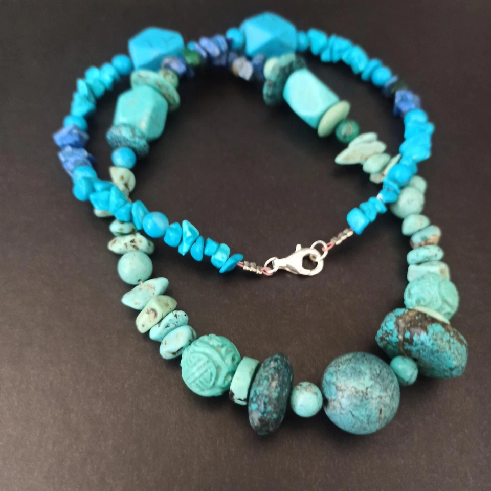 Natural Turquoise Bohemian Necklace Mala Carved Unisex Vintage OOAK Artisan Gift - Изображение 4 из 4